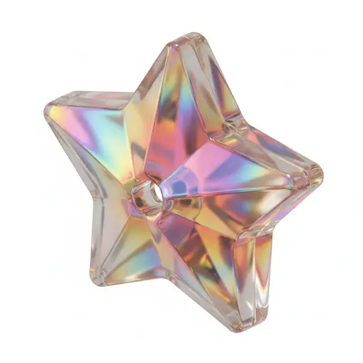 Faceted iridescent star-shaped acrylic bead floating against a white background