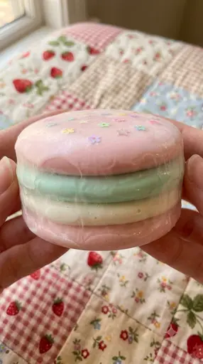 Stacked pastel macaron-shaped soap bars held in two hands over a strawberry-print quilt