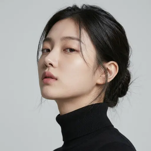 Studio headshot portrait of a woman with a low braided bun, wearing a black turtleneck