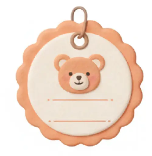 Round scalloped name tag with a 3D clay teddy bear face on a white background